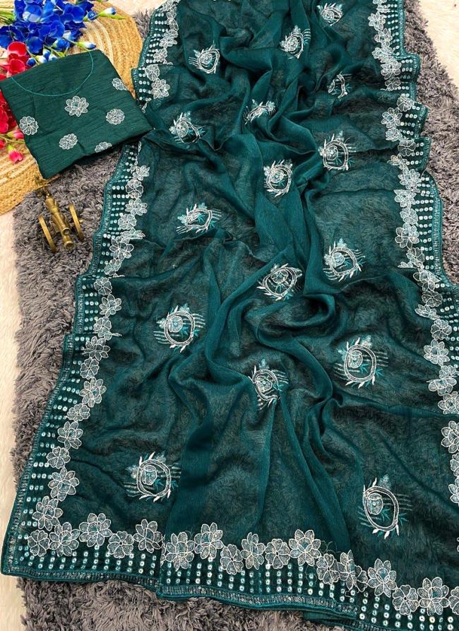 Shimmer Chiffon Rama Green Festival Wear Embroidery Work Saree